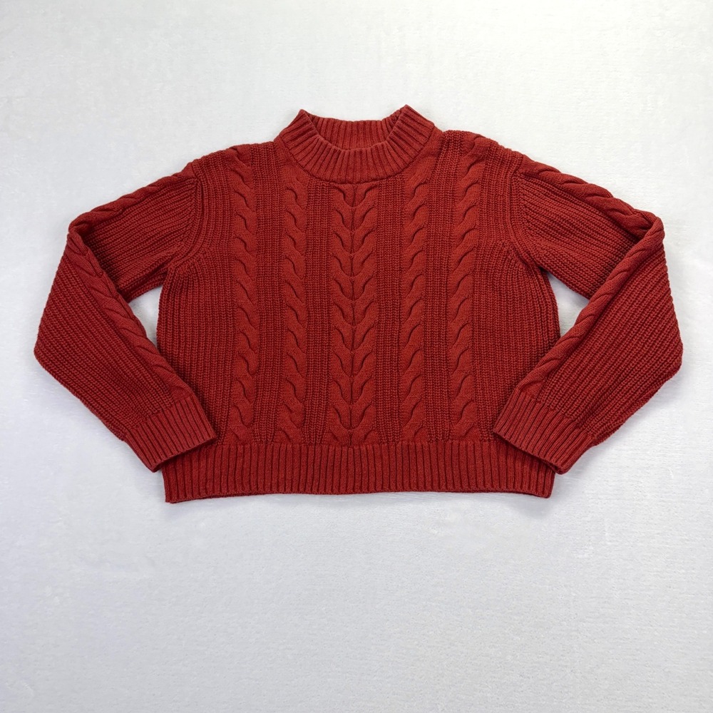 Pact Cable‎ Knit Sweater Women M Rust Organic Cotton Chunky Mock Neck Minimalist